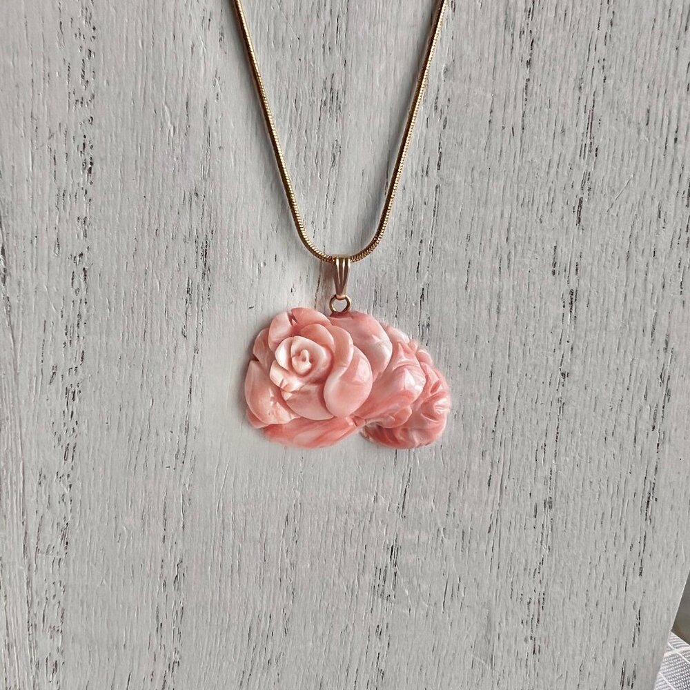 VTG Orange Peachy Hand Carved Coral Rose Pendant w 14k Gold Bail.  No Chain.